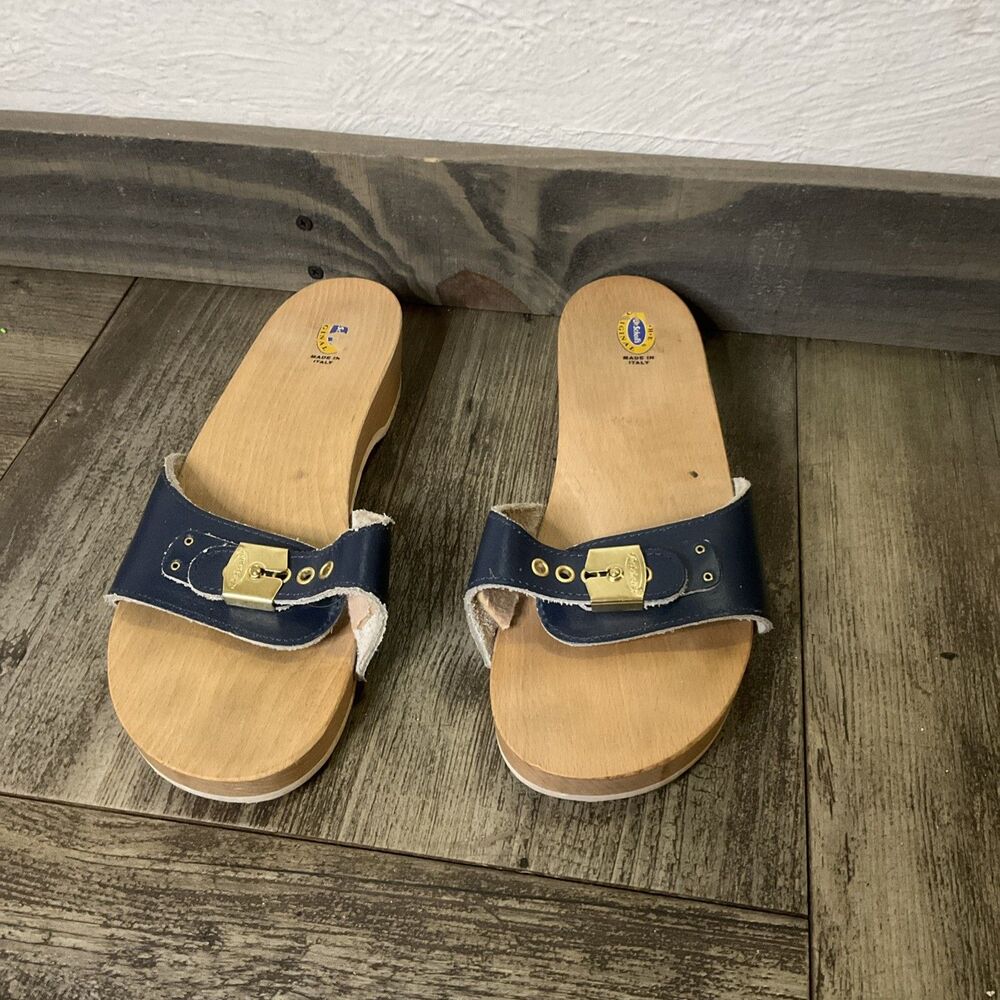 Dr Scholl's Original Exercise Wood Sandals Size 8 Blue Navy Clogs Shoes Italy